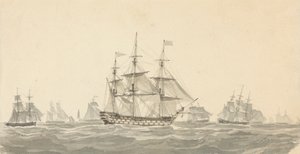 Side View of Battleship Surrounded by Several Others in Heavy Seas by Joseph Cartwright