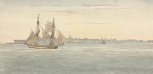 Single Brig (?) Another Sailing Vessel Against Outline of City on Background