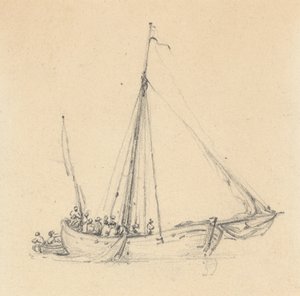 Single Ketch, Bow Forward; Rowboat Behind by Joseph Cartwright