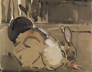 Two Rabbits, One Eating Carrots