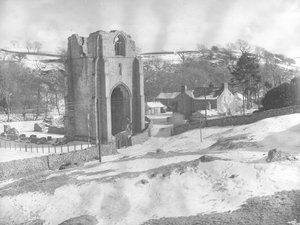 View of Shap Abbey remains in winter