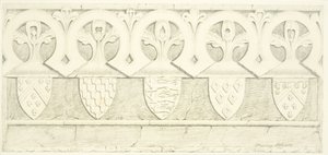 Gothic frieze and coats of arms in vestry room of Bristol Cathedral by Joseph Manning