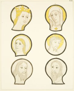 Six heads in stained glass windows south of choir in Bristol Cathedral by Joseph Manning