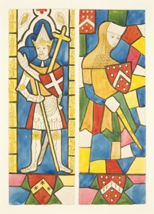 Two figures in stained glass windows of choir in Bristol Cathedral by Joseph Manning