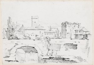 An Italian Town with a Stone Bridge and a Waterfall by Joseph Marie Vien