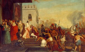 Reception of Christopher Columbus by the Kings of Spain Ferdinand II of Aragon and Isabella 1st of Castile in Barcelona in 1493. Painting by Joseph Nicolas Robert Fleury by Joseph Nicolas Robert Fleury