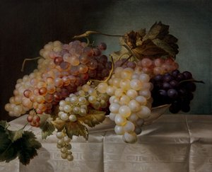 Still life with grapes in a porcelain dish by Joseph Nigg