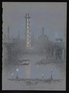 Shot Tower with Night Lights, from Embankment by Joseph Pennell