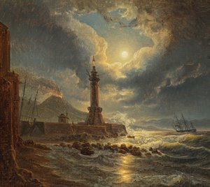 Lighthouse in the Harbor of Naples by Moonlight by Joseph Rebell