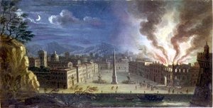A Piazza in an Italianate Seaport with a Building Ablaze by Night by Joseph Ruiz