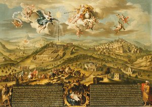 A View of Bethlehem with the Journey of the Magi, the Trinity Above and the Nativity in a Painted Cartouche Below by Joseph Stephan