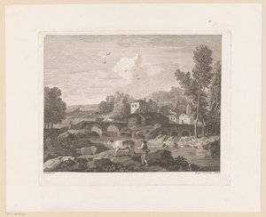 River Landscape with Shepherd and Cows on Bridge by Joseph Wagner