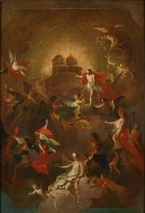 Christ and the Nine Choirs of Angels Await Mary Before His and Her Throne