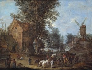 A Village Scene with Travellers and Wagoners by Joseph van Bredael