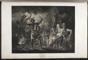 Macbeth. Act IV. Scene I. A dark cave. In the middle a cauldron boiling. Three witches. Macbeth. Hecate. Macbeth faces the witches and the apparitions; by his feet, inside a coiled snake, stand a small bloody child and a child wearing a crown and holding a by Joshua (after) Reynolds