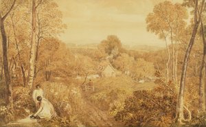 Wooded landscape with cottages and countrywomen, Hurley, Berks, 1818