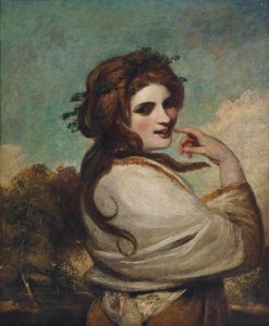 Portrait of Emma, Lady Hamilton, as a Bacchante, half-length, in a yellow dress and white shawl, in a landscape