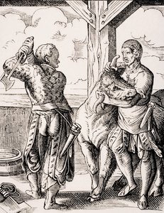 The Butcher and His Assistant, Reproduction of a 16th Century Engraving by Jost Amman from 