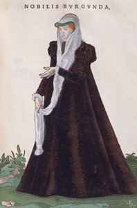 Burgundian noble woman in traditional costume, engraving from Habitus praecipuorum popularum by Jost Amman