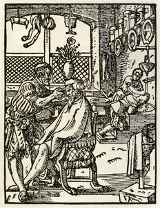 The Barbers from a series depicting occupations and trades first published in Das Ständebuch 1568 in Frankfurt, Germany by Jost Amman