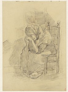 Seated Old Woman Leaning on a Stick by Jozef Israëls