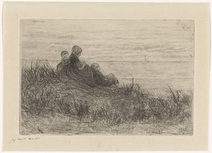 Dune Landscape with Mother and Children by Jozef Israëls (signed by artist)