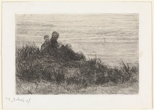 Dune Landscape with Mother and Children by Jozef Israëls (signed by artist)