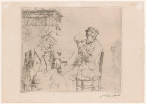 Two Drinking Men at a Table by a Fireplace