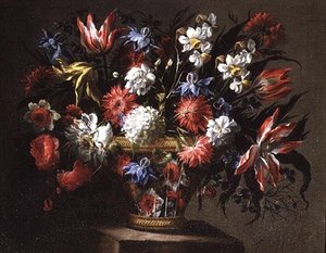 Still Life of Tulips, Daffodils and other Flowers in a Basket by Juan de Arellano
