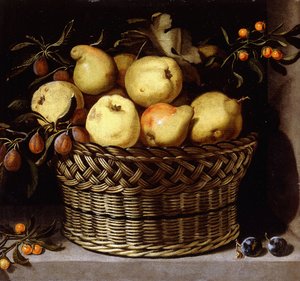 A Wicker Basket with Fruit on a Stone Ledge