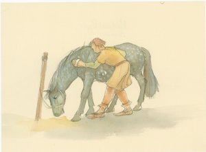 A Medieval Groom Brushing a Horse by Judith Dobie