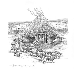 Farmers and a Herd of Goats Outside Iron Age Roundhouse by Judith Dobie