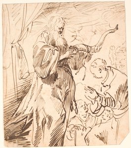 Holy Man with Horn in Hand, Surrounded by Three People