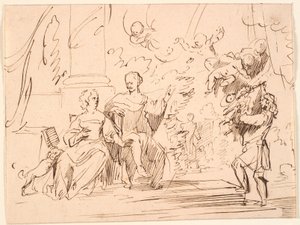 Gentleman and Lady Sitting on a Terrace; from the Right Approaches a Man and in the Air Four Genii Hover by Jürgen Ovens