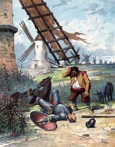 Don Quixote has fought with windmills and fallen form his horse, Sancho Panza looking at his master, illustration of book by Miguel de Cervantes "Histoire de Don Quichotte", engraving after Jules David by Jules (after) David