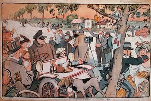 Caricature of M. Fournier setting off on the Paris-Berlin rally by Jules Abel Faivre