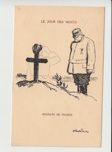 Postcard, Satirical in B & W, ca. 1915: Day of the Dead - War of 14-18, Mourning Funerals - Joffre, Soldiers by Jules Abel Faivre