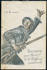 Postcard of Subscription to the Leap of the National Defense Showing a Soldier Going to the Front Shouting 