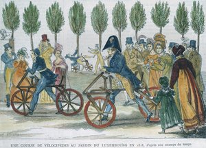 A Velocipede Race at Jardin du Luxembourg in 1818 after an Engraving of the Time, engraved by P. Comte by Jules Antoine Duvaux