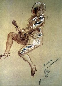 Seated Pierrette, playing the Mandolin by Jules Cheret