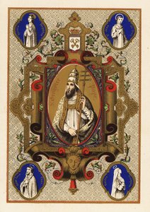 Portrait of Saint Gregory, Pope Gregory I, with triregnum or triple crown, and Papal ferula, within a decorative border by Jules Desportes