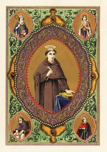 Portrait of Saint Thomas Aquinas, with Halo, Quill Pen and Bible, in a Decorative Border of Foliage and Gilt by Jules Desportes