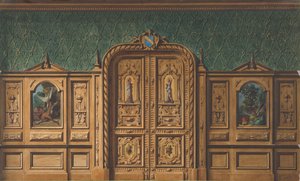 Design for a room with wood panels inset with paintings and a heavily-carved double door, 1830-97 by Jules Edmond Charles Lachaise and Eugène Pierre Gourdet