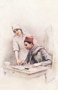 Reading lesson. Postcard of 