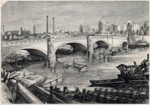 Transformations of Paris under the Second Empire, Haussmann Paris: works undertaken in front of the bridge of the Alma in Paris for the passage of the collector sewer at the bottom of the Seine. Drawing by Jules Pelcoq. Engraving in 