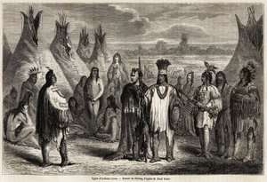 Types of Crees Indians of Canada, drawing by Pelcoq, to illustrate the exploration of the Rocky Mountains in 1857-59 by Captain John Palliser. Engraving in Le tour du monde, nouveau journal des voyages Paris by Jules Pelcoq