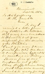 Letter signed Julian Bates, Florissant, to His Excellency H.R. Gamble, September 16, 1862 by Julian Bates