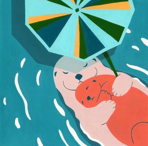 Cuddling Otters Under Umbrella by Julie Lesouef