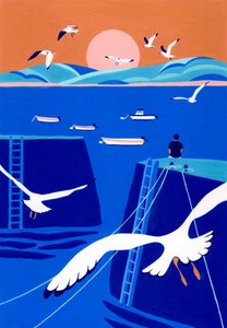Harbor Sunset Seagulls by Julie Lesouef