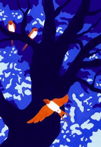 Orange Birds Blue Tree by Julie Lesouef